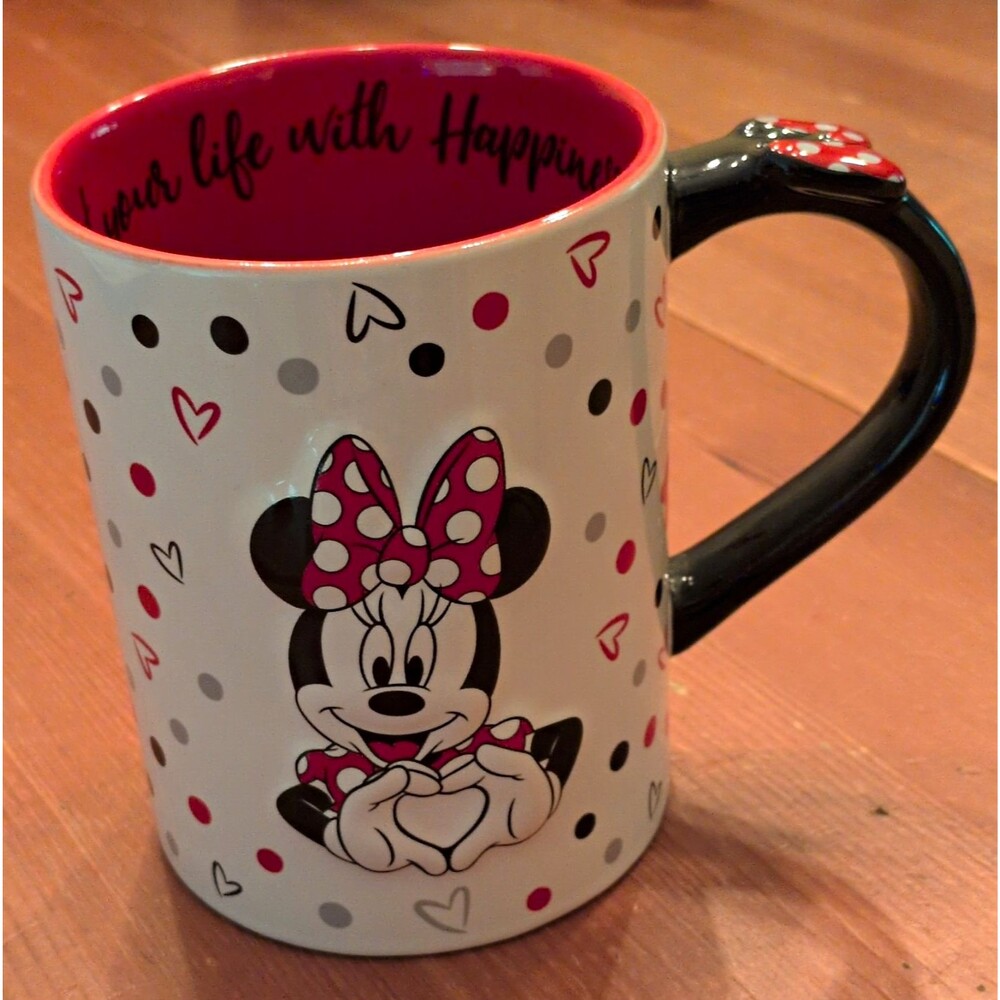 Disney Parks 3-D Minnie Mouse Polka Dot Hearts Mug White w/ Red Interior Large